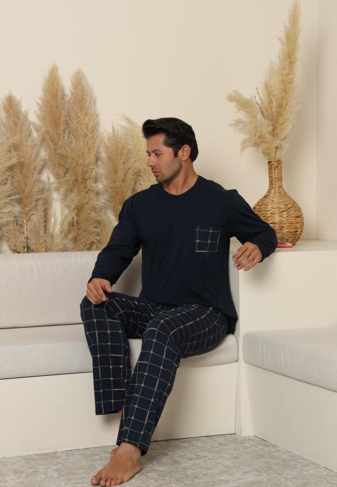 Pijama Barbati ,Maneca si Pantaloni Lungi,Culoare Bleumarin cu Crem ,Engros